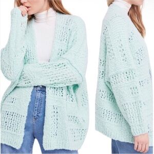 Free People Saturday Morning Mint Chunky Knit Cardigan Sweater
